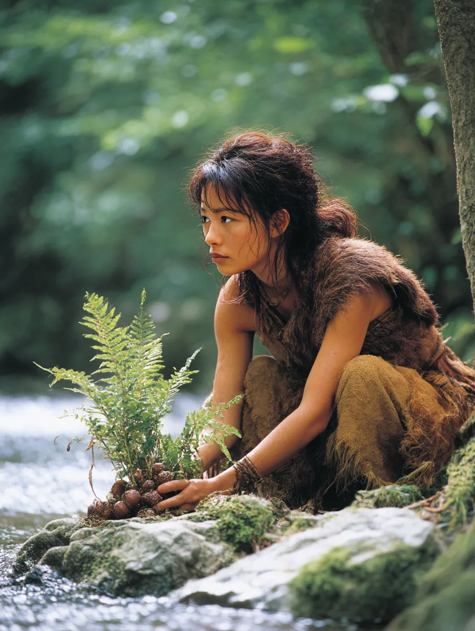 植物を採集する原始人の女性｜川辺にひざをつき、シダ植物と実を手に取る女性の繊細な所作が印象的。原始人の暮らしの一場面を柔らかな自然光で穏やかに表現している。