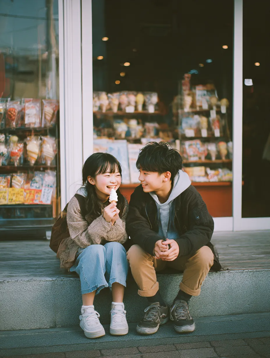 駄菓子屋前の少年少女カップル｜アイスを手に笑い合うふたりの表情から、日常の小さな幸せが溢れ出す。昭和レトロな背景が少年少女カップルの無邪気さを引き立てる一枚。