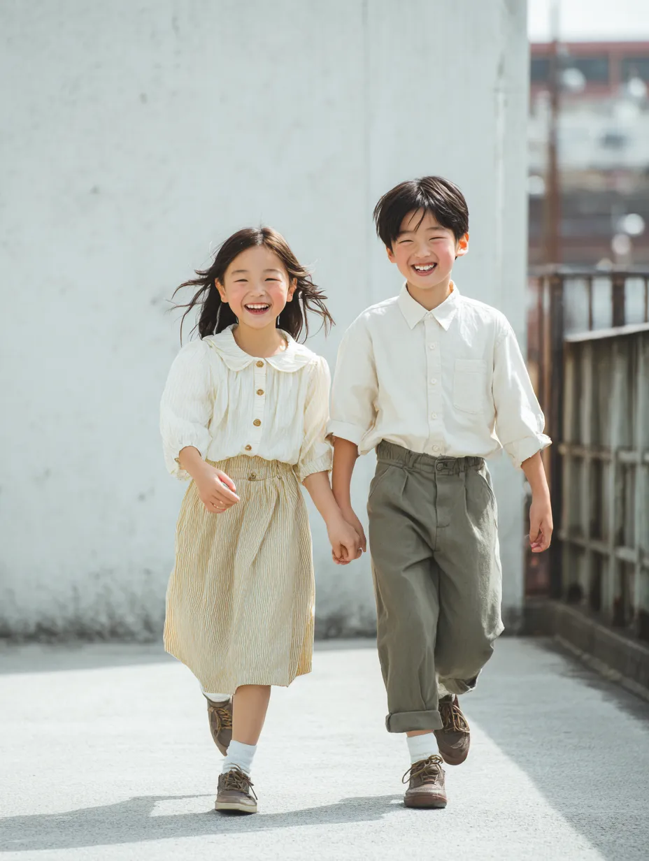 手をつなぐ少年少女カップル｜自然光の中、手を取り合って歩くふたりの笑顔が眩しい。シンプルな装いと躍動感が、少年少女カップルの健やかな絆を軽やかに伝えている。