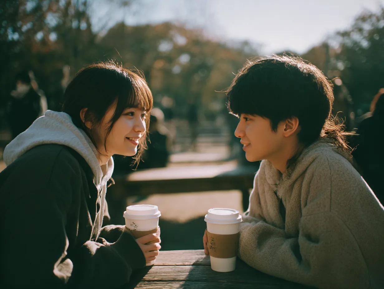 公園の少年少女カップル｜ベンチ越しに向かい合いながら笑顔を交わすふたり。やわらかな光とナチュラルな服装が、少年少女カップルの等身大の距離感を心地よく描いている。