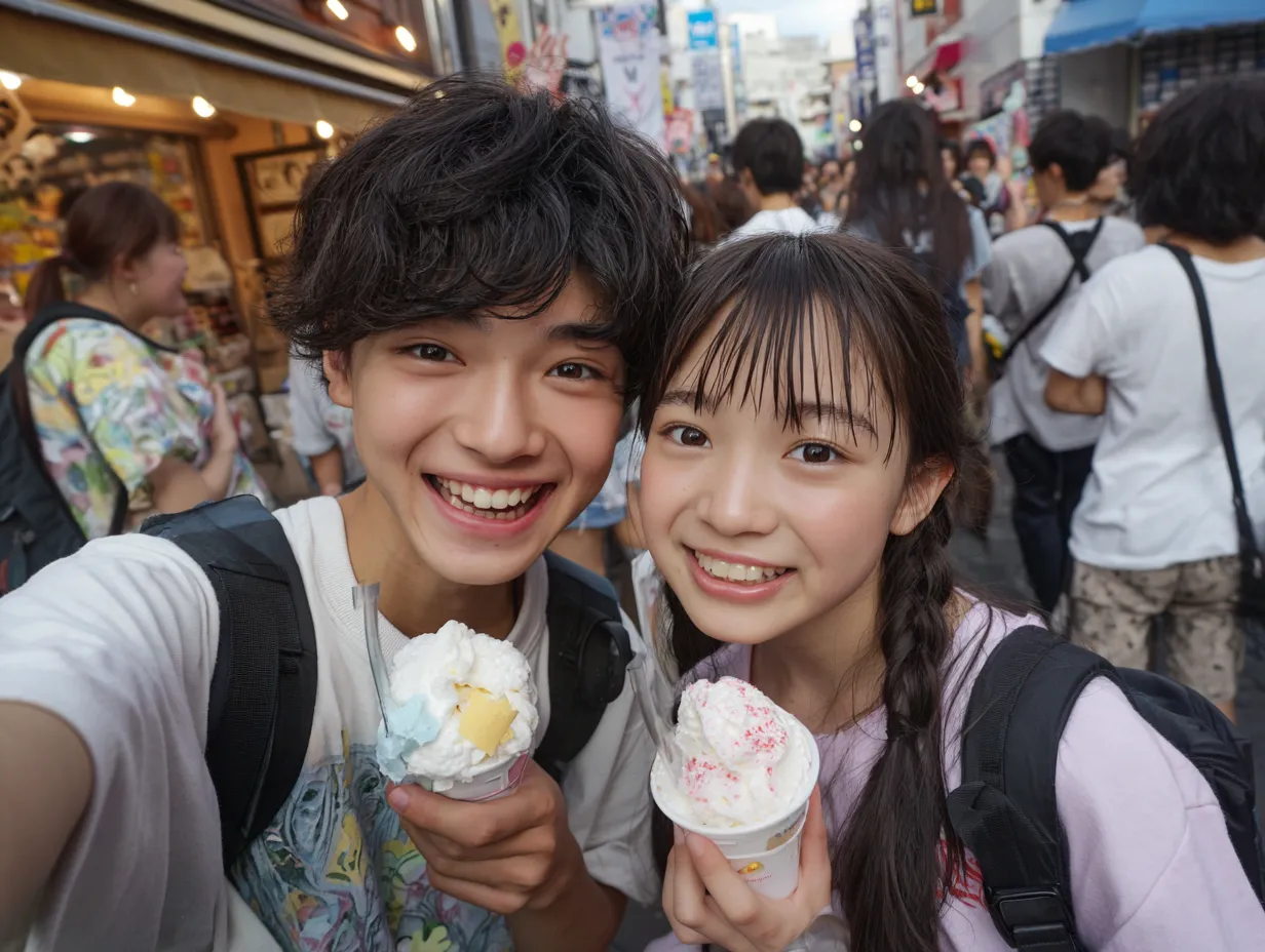 原宿の少年少女カップル｜混雑した通りの中で自撮りを楽しむふたりの明るい表情が印象的。少年少女カップルの元気と街のエネルギーが共鳴したような賑やかなビジュアル。