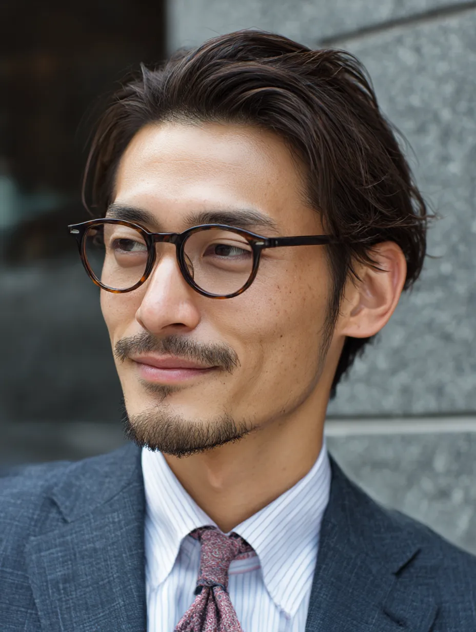 メガネが映える都会派の髭の男の画像｜スマートなスーツとメガネが印象的な髭の男の画像。都会的で清潔感あるスタイルに、柔らかな表情が加わり知的で親しみやすい雰囲気に仕上がっています。