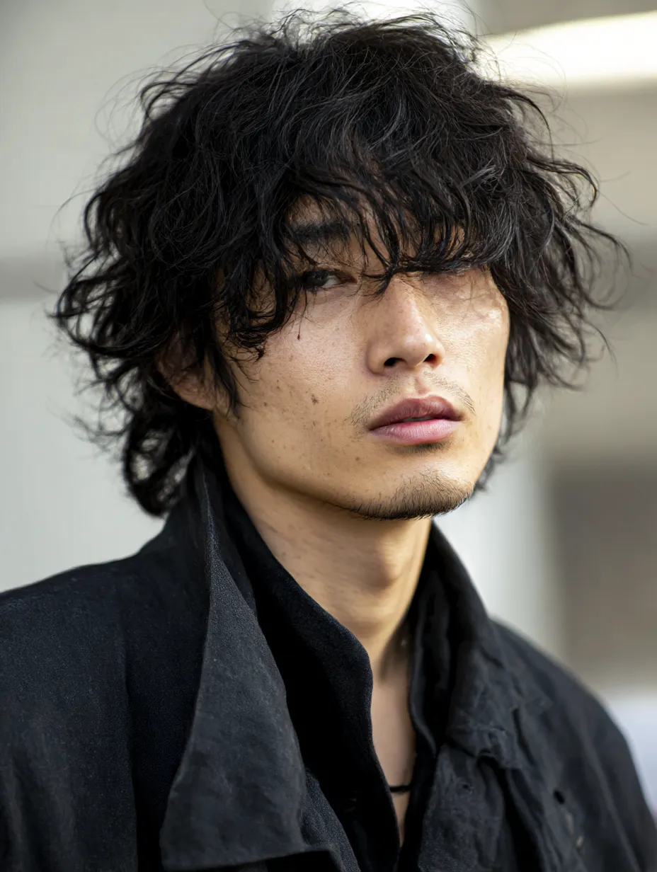 視線が強い無造作な髭の男の画像｜無造作なパーマヘアと鋭いまなざしが印象的な髭の男の画像。カジュアルな黒装束がミニマルな背景と調和し、静かな中に芯のある個性が感じられます。