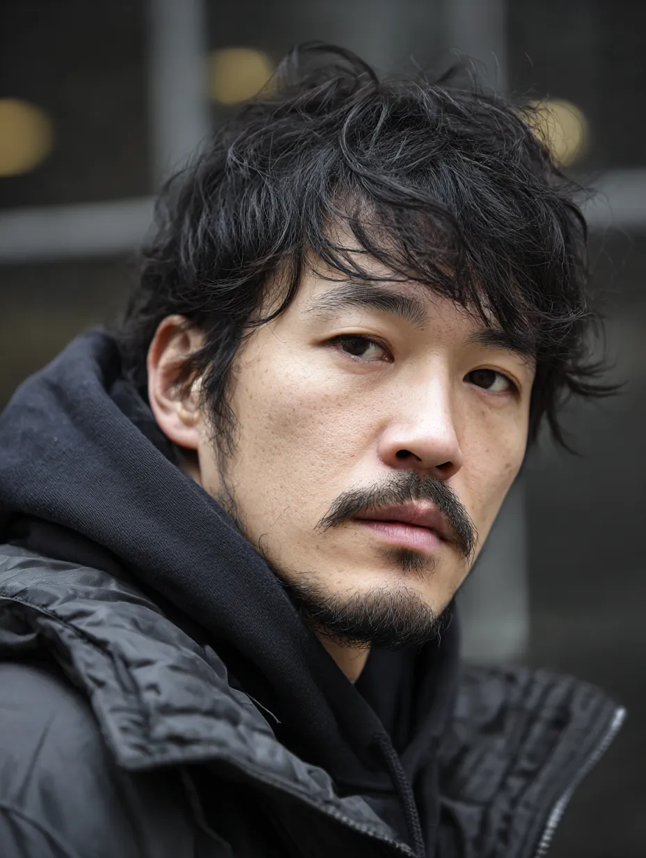 パーカー姿の無骨な髭の男の画像｜黒いフーディーと重ね着スタイルが特徴的な髭の男の画像。無造作な髪と強めの表情がラフさとリアリティを感じさせ、ストリート感のある印象です。