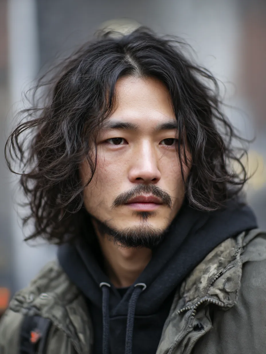 柔らかな視線の髭の男の画像｜カールした長髪と落ち着いた表情が特徴の髭の男の画像。ラフなフード付きアウターと自然光が柔らかく調和し、都会的でありながら優しさも感じられる一枚です。