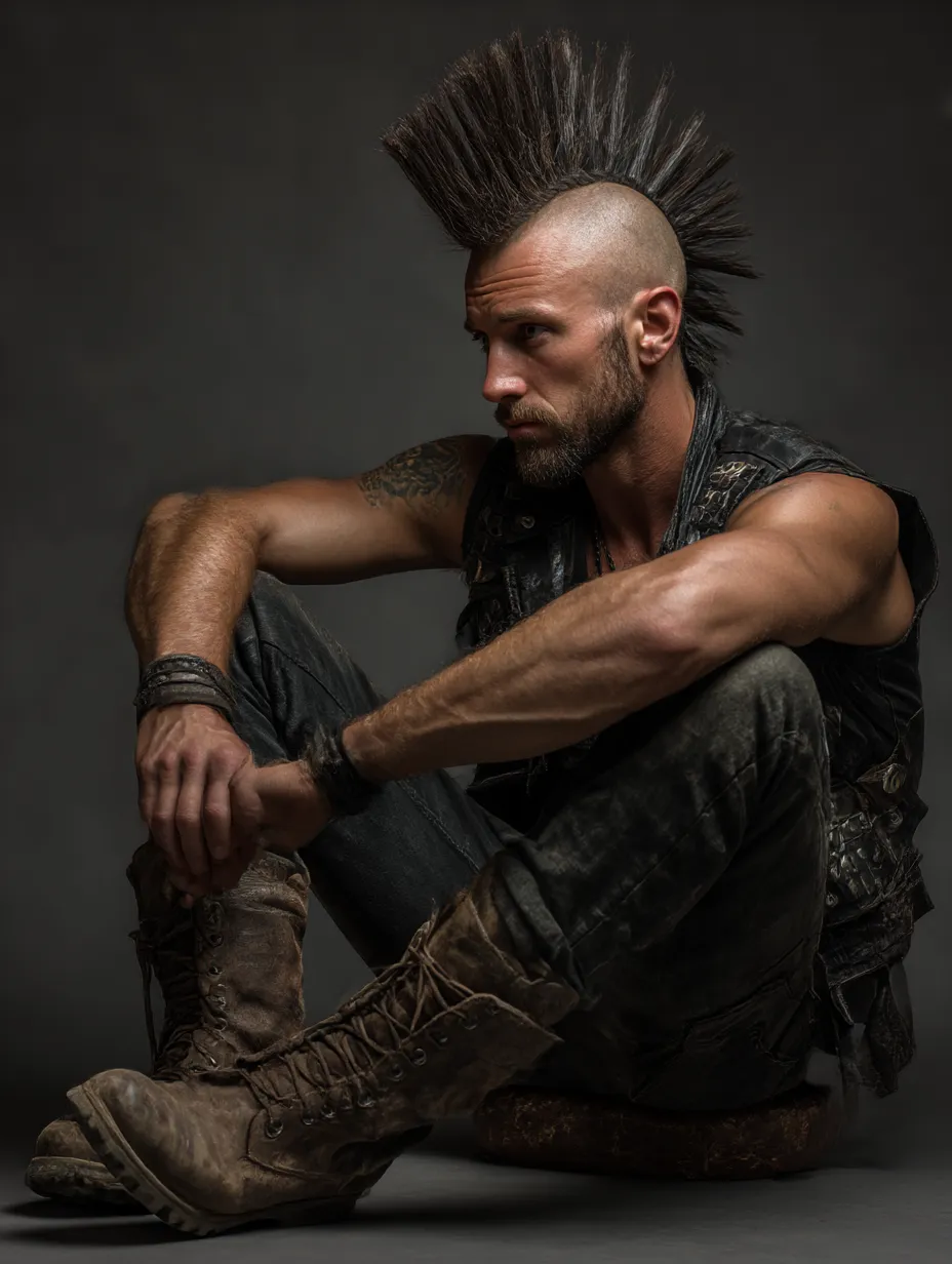 アウトロー風モヒカン戦士｜戦闘服のような重装備に大胆なモヒカンが加わり、ポストアポカリプス感満載。ブーツや姿勢も無骨で説得力のある雰囲気。