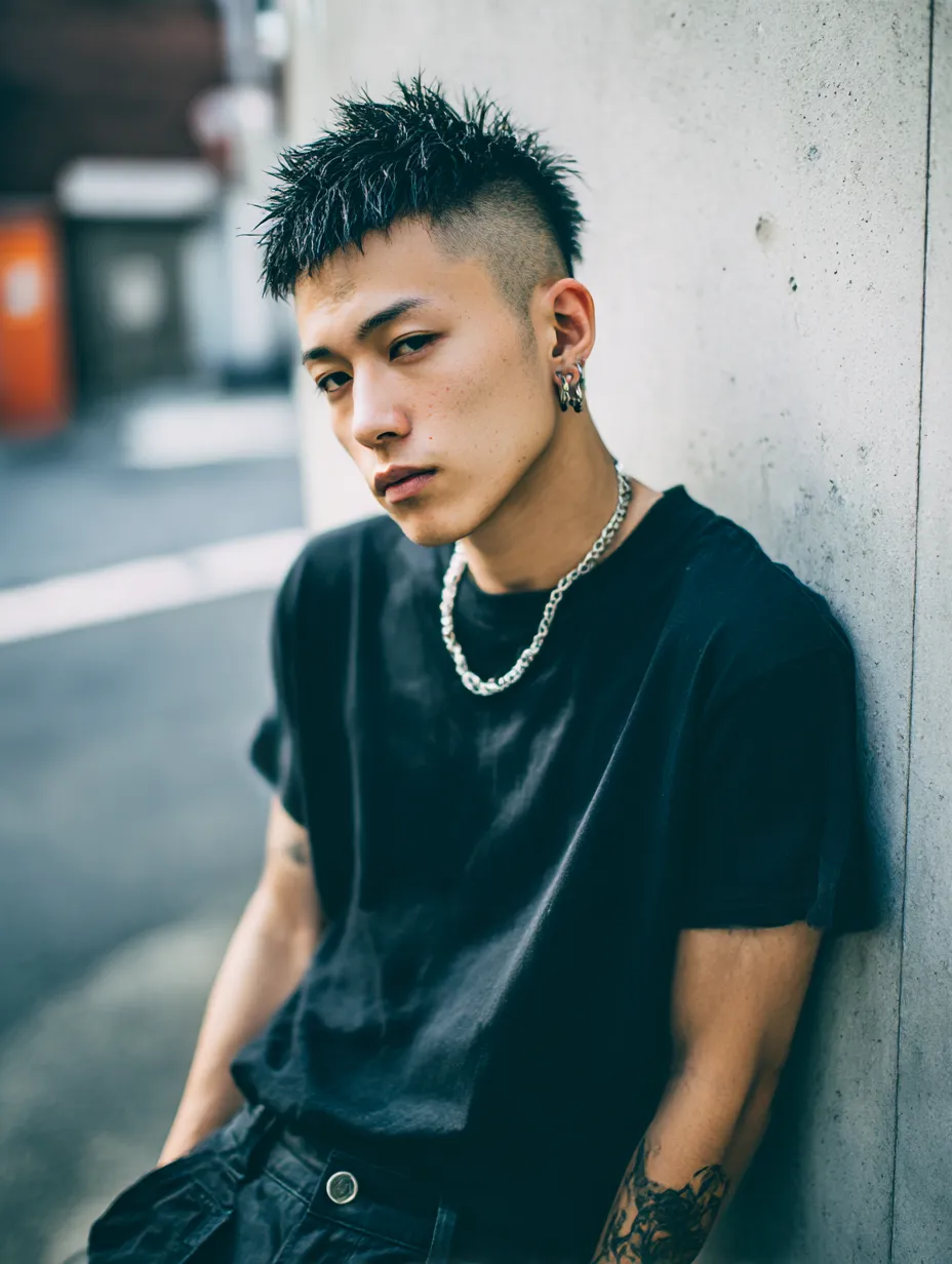 無造作モヒカンの若者ファッション｜ナチュラルなモヒカンと黒Tシャツが都会的に調和。さりげないアクセサリー使いで若者らしい洗練されたラフ感を演出。