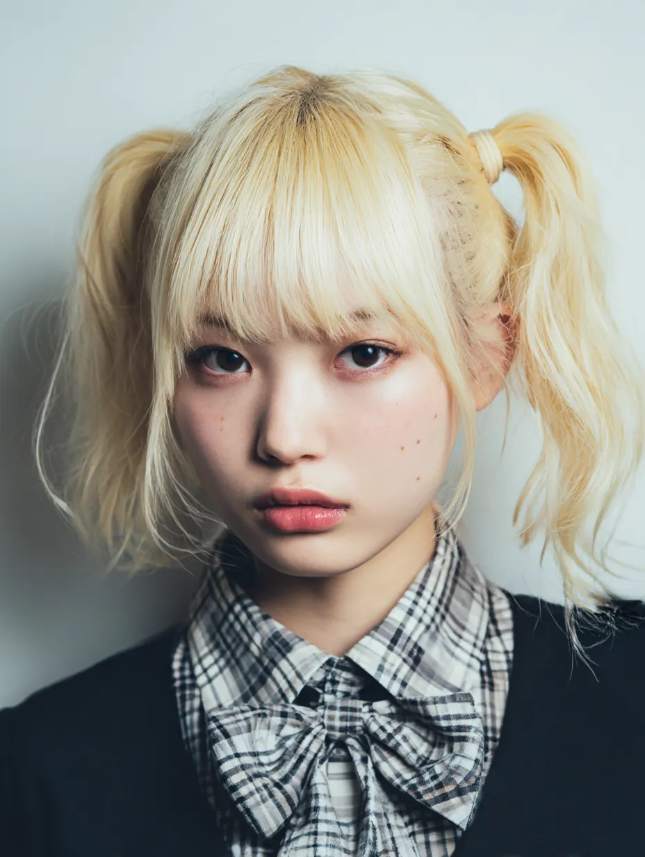 金髪ツインテールの制服少女｜ぱっつん前髪とざっくり束ねたツインテールが特徴の制服スタイル。クールな視線が甘さを抑え、無機質な背景と調和したシンプルなビジュアル。