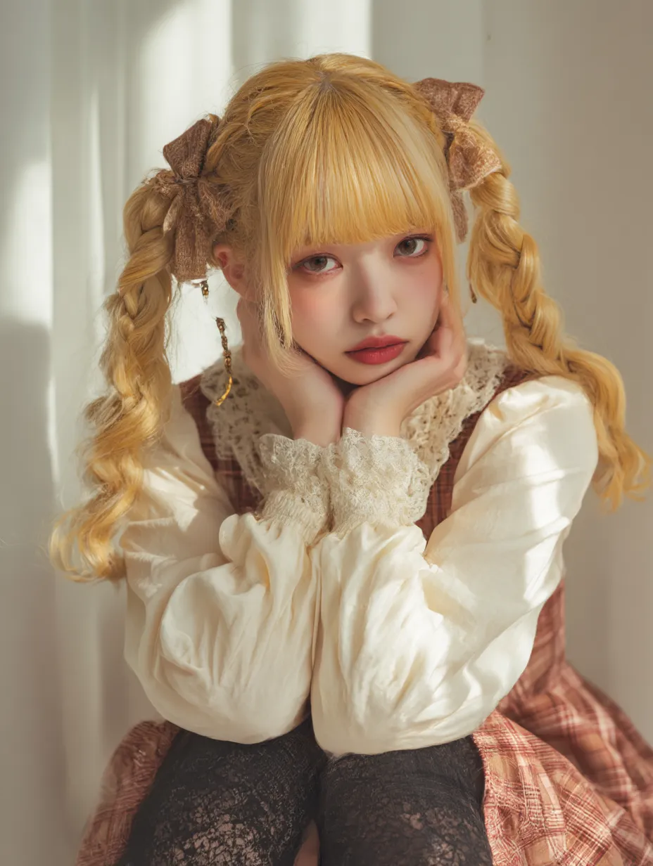 金髪ツインテールのロリィタ少女｜柔らかい日差しの中で微睡むような金髪ツインテール。編み込みとリボンで甘さを極めたロリィタ調が、夢の中のような世界観を広げている。