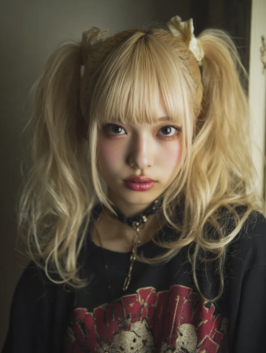 金髪ツインテールのパンクガール｜ボリューム感のあるツインテールとラフな服装が印象的。金髪ツインテールにブラックファッションを合わせ、甘辛ミックスの存在感を放つ。