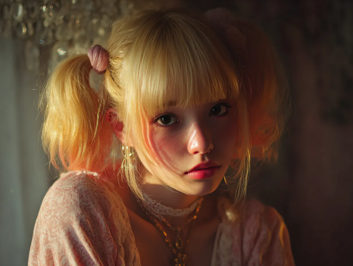 金髪ツインテールのアンティーク少女｜夕陽に照らされた金髪ツインテールがほのかに赤みを帯び、柔らかなレースと調和。アンティークな空間で幻想的な雰囲気を醸し出す。