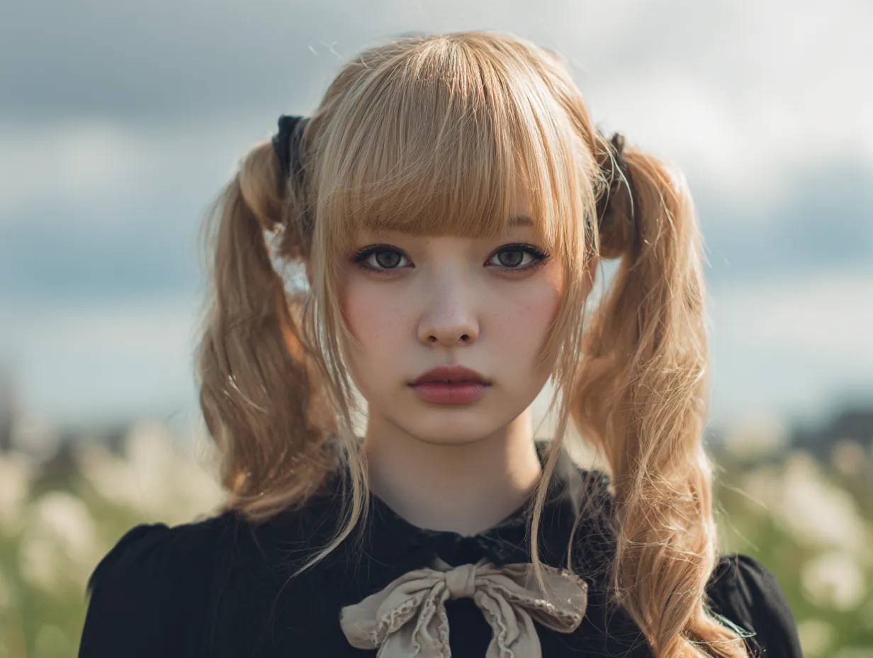 金髪ツインテールのゴシック少女｜自然光と黒服のコントラストで映える金髪ツインテール。リボンとカールが加わり、クラシカルなゴシック調の気品ある佇まいを感じさせる。