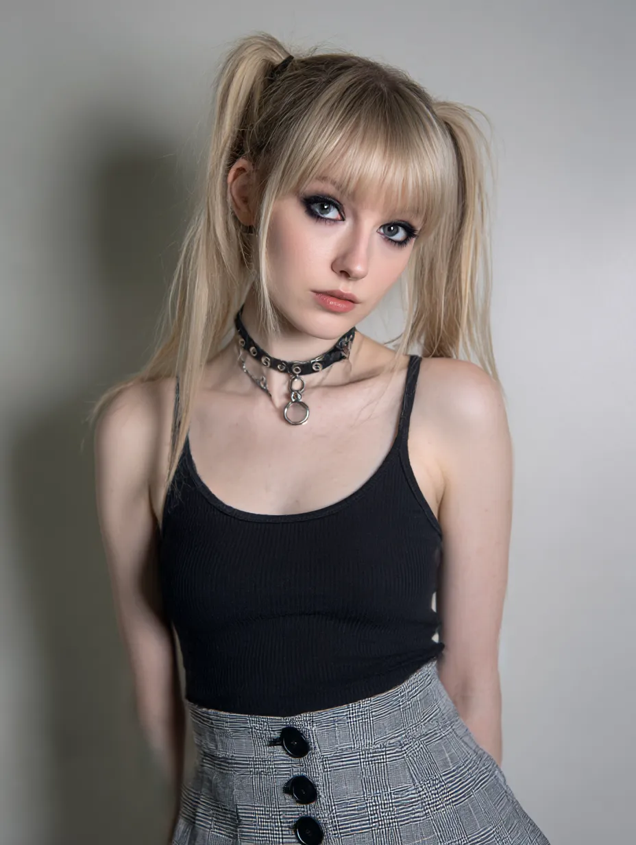 金髪ツインテールのゴスロリ女子｜シャープな目元とハードなチョーカーが特徴的なスタイル。金髪ツインテールにモノトーンのゴスロリ要素を加え、強さと儚さを併せ持った装い。