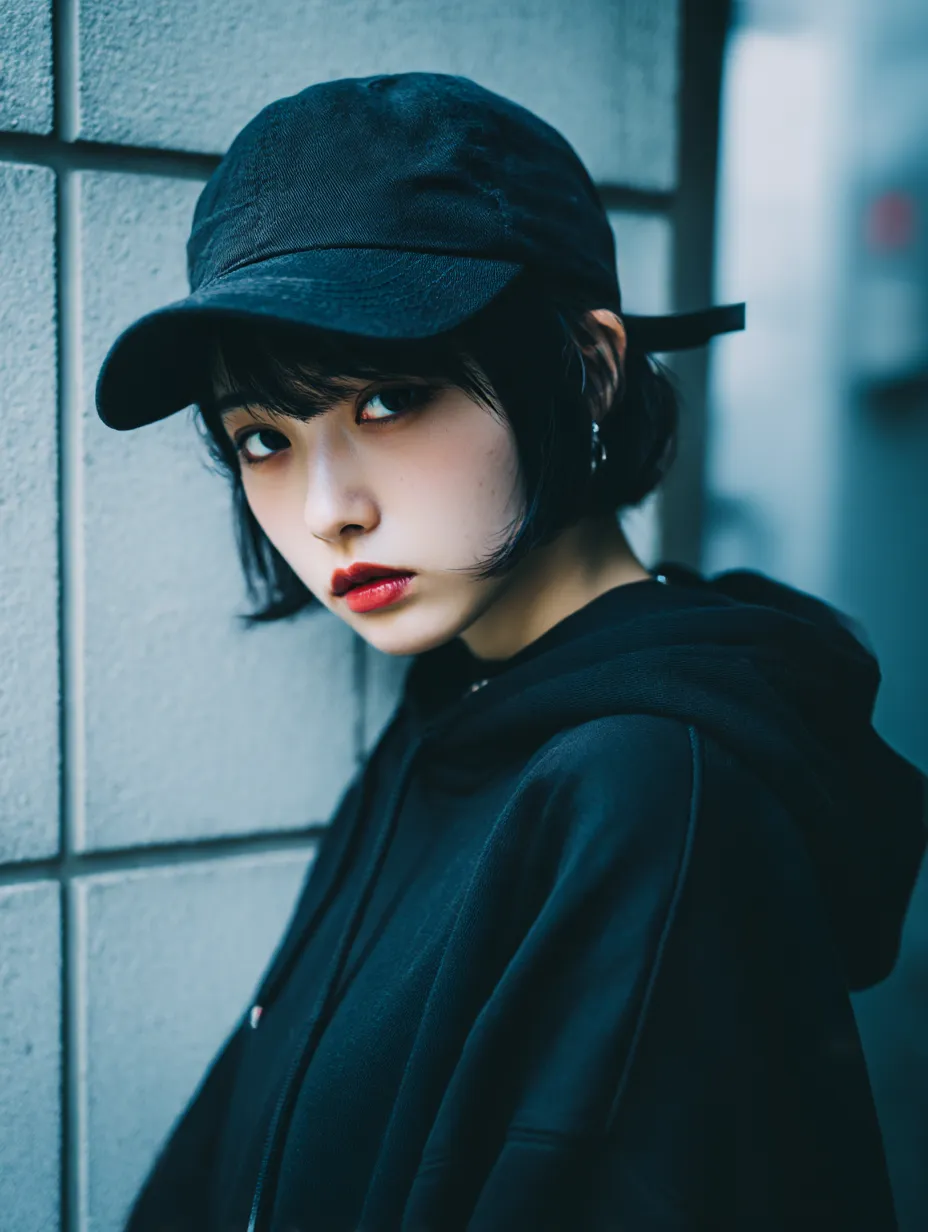 ボーイッシュ女子のモノクロストリート｜キャップとパーカーを合わせた都会的な装いが印象的なボーイッシュ女子。モノトーンでまとめたクールな表情とストリート感のある構図が魅力です。