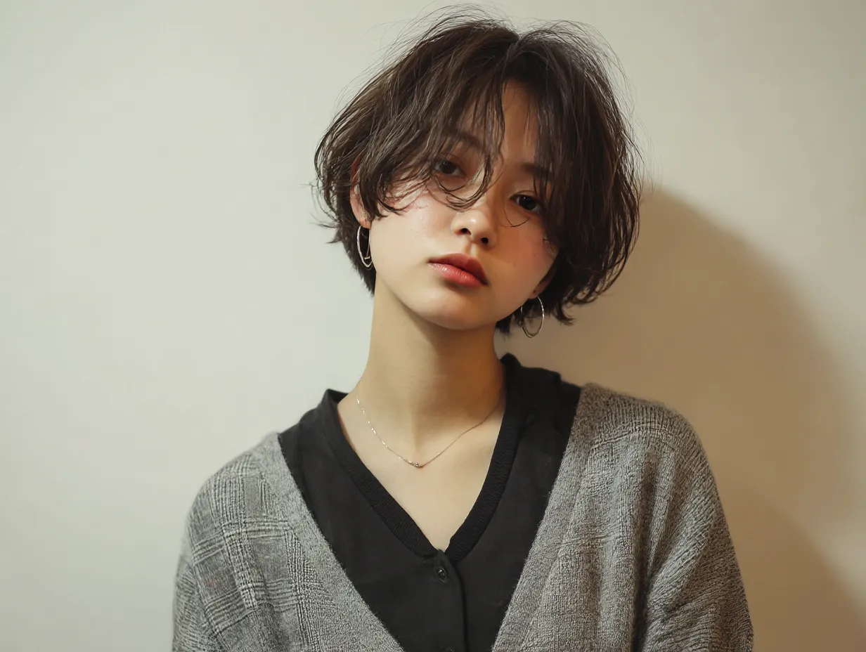 ボーイッシュ女子のナチュラルムード｜ゆるめのカーディガンとナチュラルなヘアスタイルが柔らかく落ち着いた印象を醸し出すボーイッシュ女子。ラフな雰囲気の中に芯のある魅力が光ります。