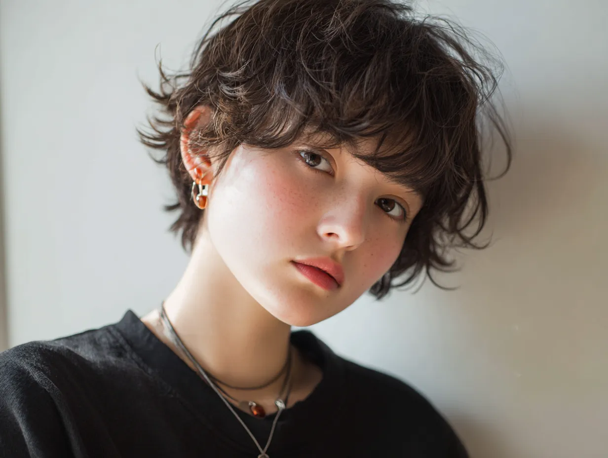 ボーイッシュ女子のアートスナップ風｜カジュアルながら繊細なジュエリーと重ね着が印象的なボーイッシュ女子。無造作なヘアと光のニュアンスがアートな表情を際立たせています。