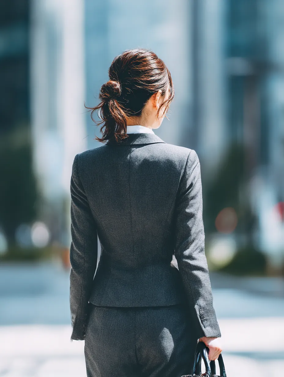 スーツ姿で街を歩く後ろ姿の女性の画像｜ビジネス街の中で颯爽と歩くスーツ姿の後ろ姿の女性の画像。凛とした姿勢と光を受けた髪の色彩が都会的で洗練された空気を生み出すスタイリッシュな構図。