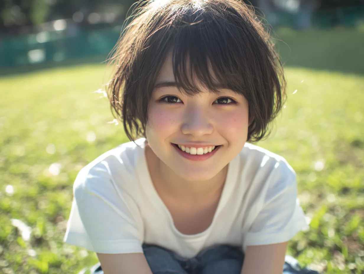 ボーイッシュ女子の笑顔と自然光｜爽やかな芝生の中で笑顔が弾けるボーイッシュ女子。自然光に照らされた明るい表情とラフな白Tが、軽やかで心地よい雰囲気を作り出しています。