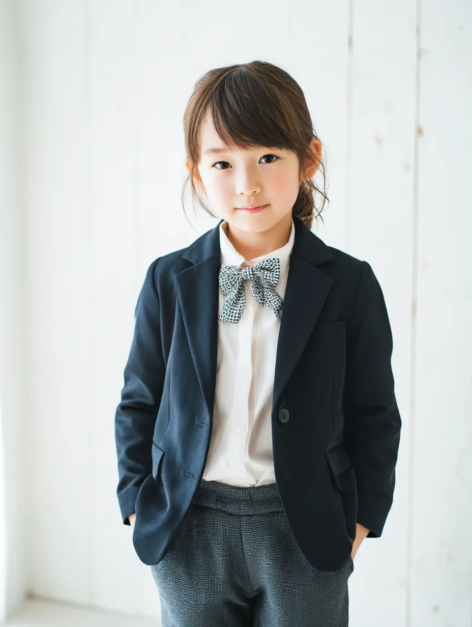 ジャケット姿の小学生女子｜フォーマルなジャケットに蝶ネクタイを合わせた小学生女子。白背景とナチュラル光が清潔感を際立たせ、きちんと感のある装いで小学生女子の知的な一面を表現している。