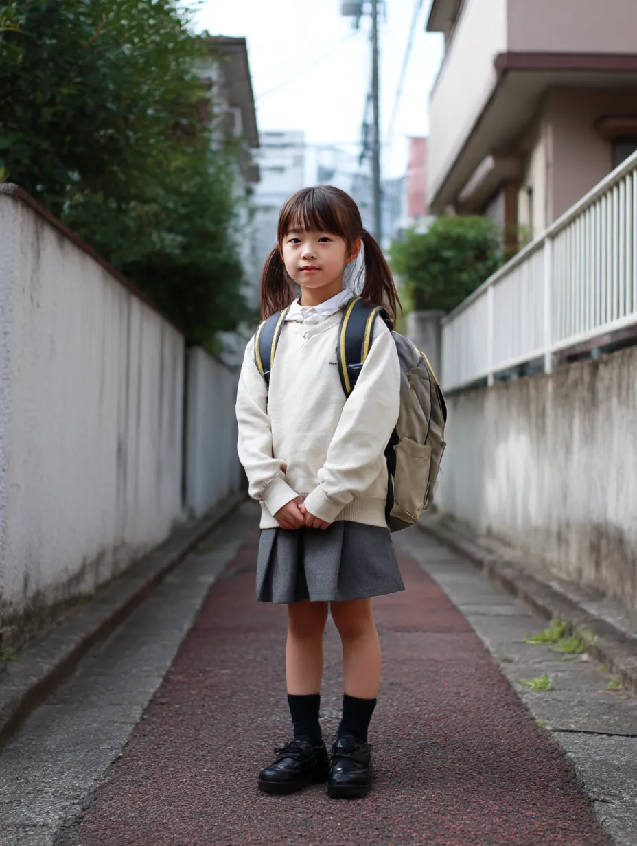 通学路に立つ小学生女子｜住宅街の細道でリュックを背負って佇む小学生女子。自然な構図と空気感が、日常をそのまま切り取ったようなリアルな小学生女子の通学風景を伝えてくれる。