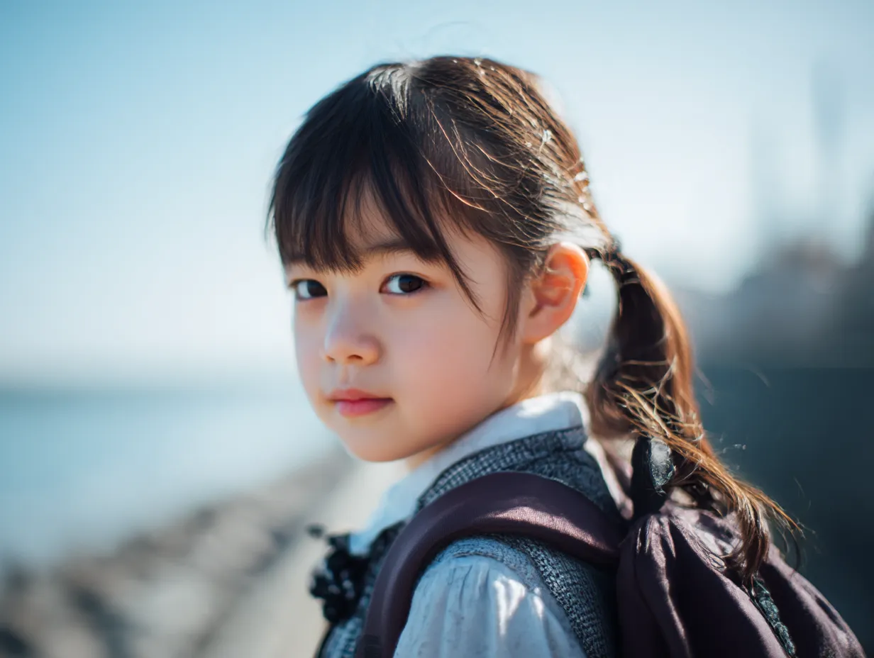 海辺を見つめる小学生女子｜海を背景に斜め後ろから振り返る構図で、小学生女子の静かな眼差しを印象的に切り取った一枚。逆光と淡い色合いが、小学生女子の柔らかな存在感を浮き立たせる。