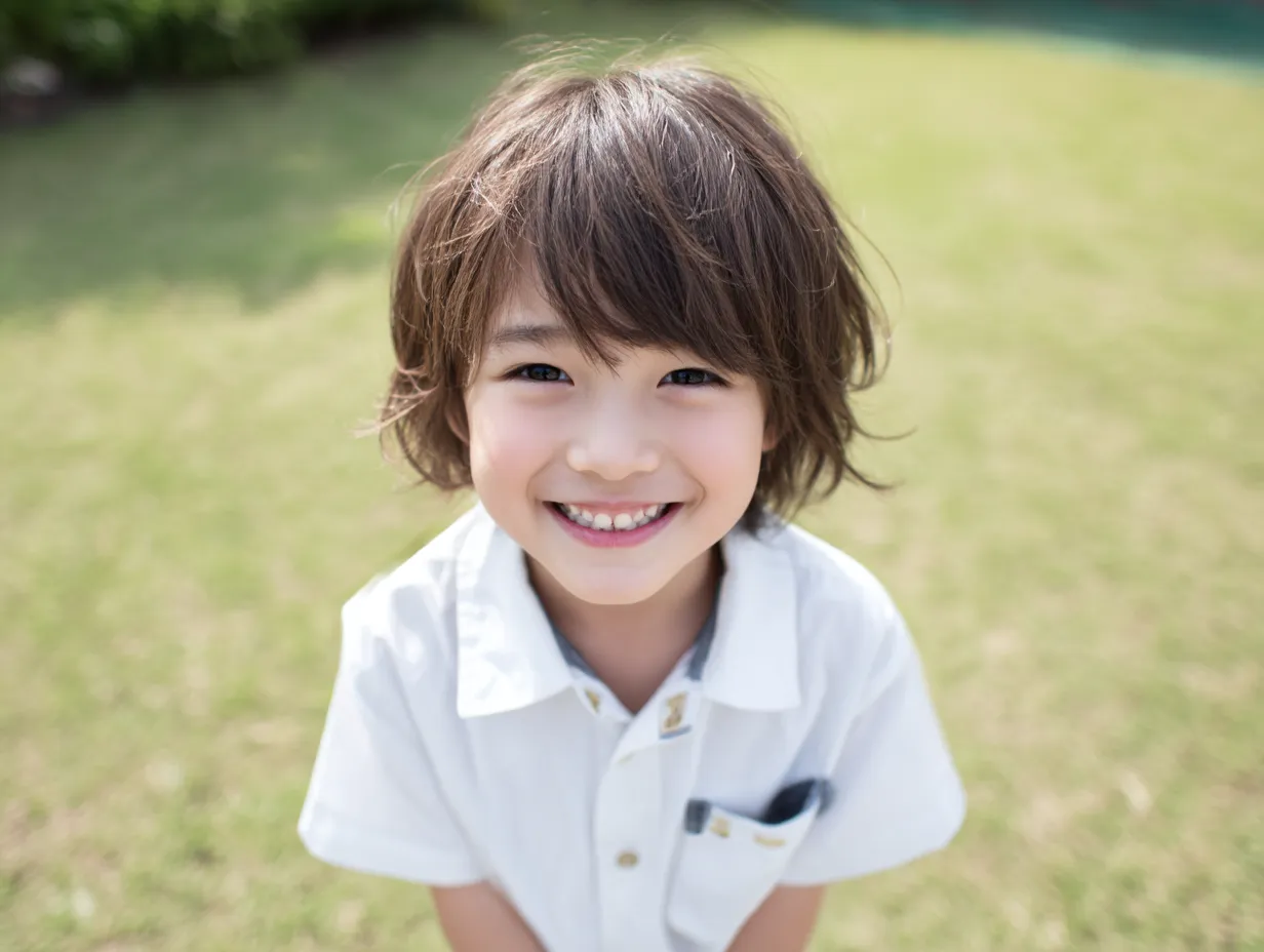 芝生で笑顔の小学生女子｜白シャツに自然な笑顔がまぶしい小学生女子。芝生のグリーンが背景に広がり、外遊びの楽しさを体現するような小学生女子の元気な明るさを爽やかに描いている。