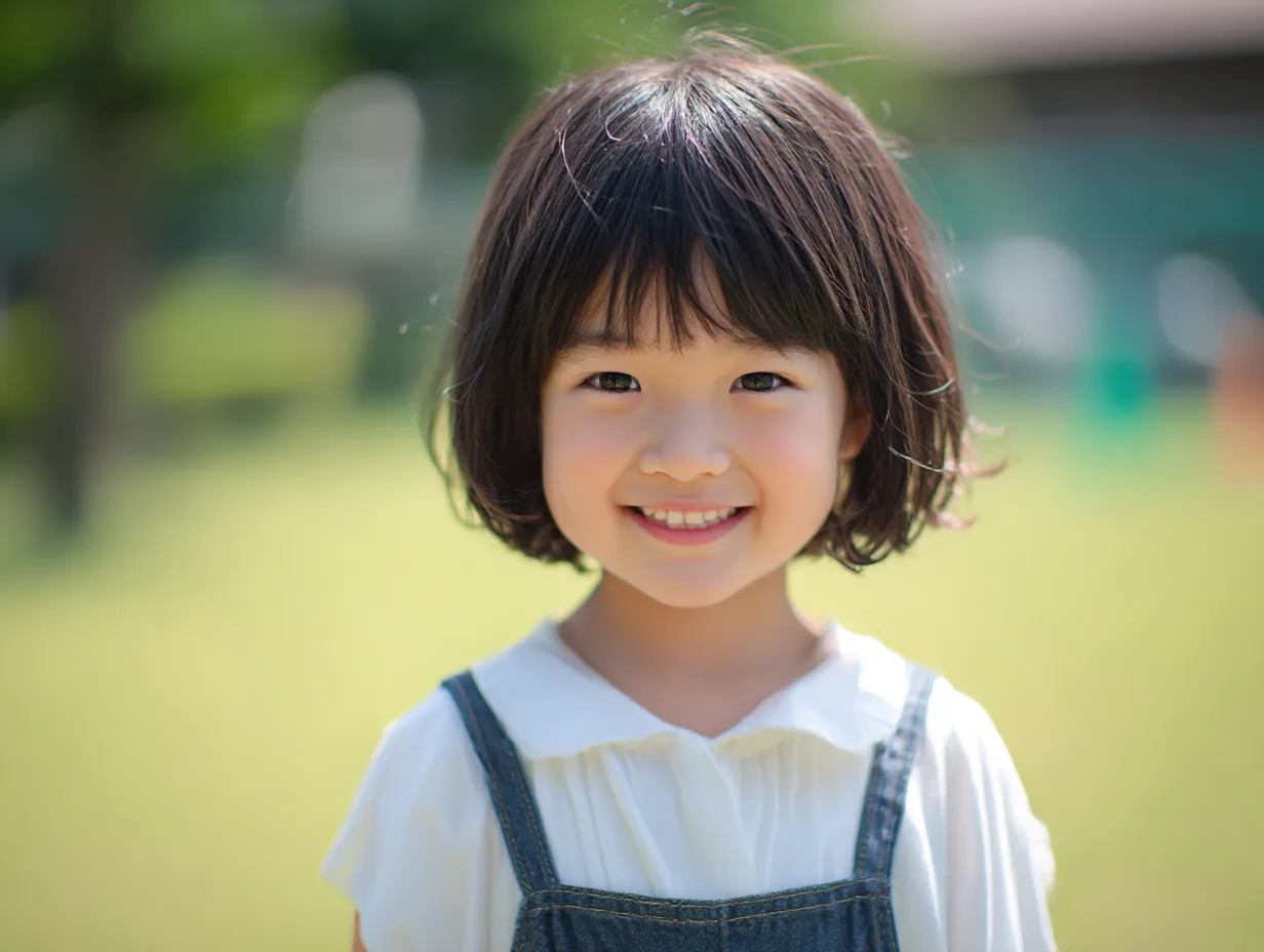 デニムワンピの小学生女子｜ナチュラルな光に包まれたデニムのジャンパースカート姿の小学生女子。やさしい光と表情が印象的で、自然体の中にある小学生女子らしいかわいらしさを素直に表現している。