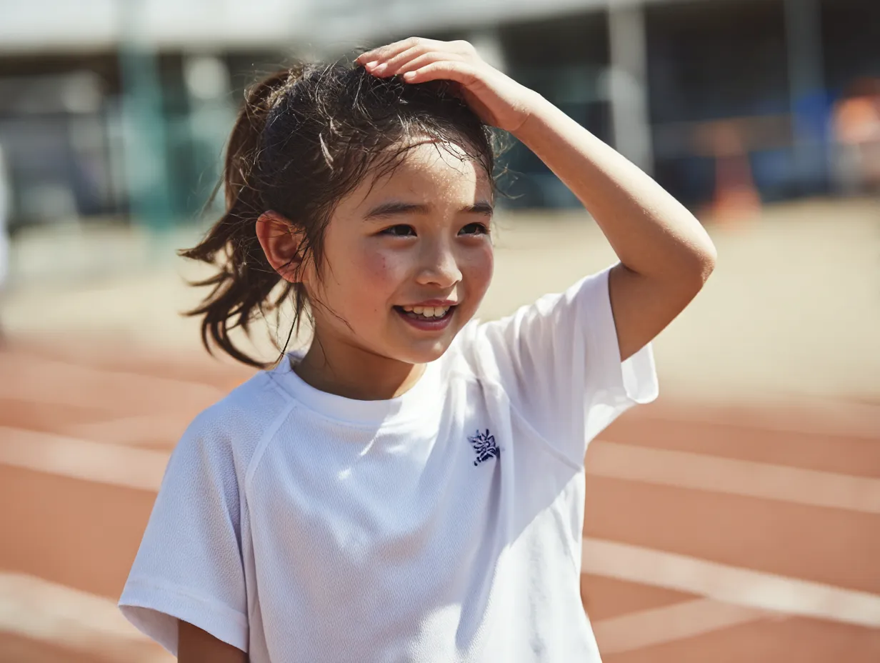 運動場で走る小学生女子｜スポーツウェア姿で汗をぬぐう小学生女子の一瞬を切り取った構図。動きの中に見える活力が、元気いっぱいな小学生女子の生命力をダイレクトに伝えてくれる。