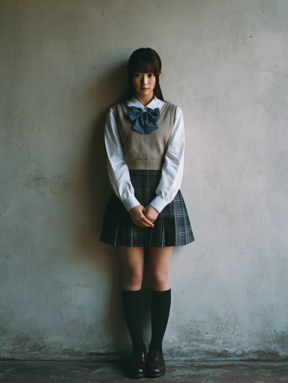 落ち着いた空間に佇む女子高生｜グレーの壁の前に立つ女子高生を柔らかな光で写した一枚。セーターと制服スカートの配色が落ち着いた印象を与え、どこか控えめな「女子高生」の存在感が静かに際立つ表現。
