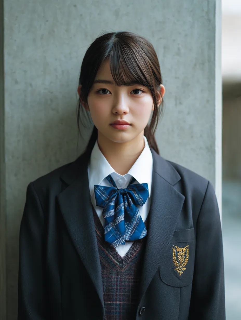 正統派ブレザー姿の女子高生｜黒のブレザーとエンブレムが印象的な制服を身に纏った女子高生。清潔感あるコンクリート壁と光の演出が、しっかり者の「女子高生」のイメージをより強調している。