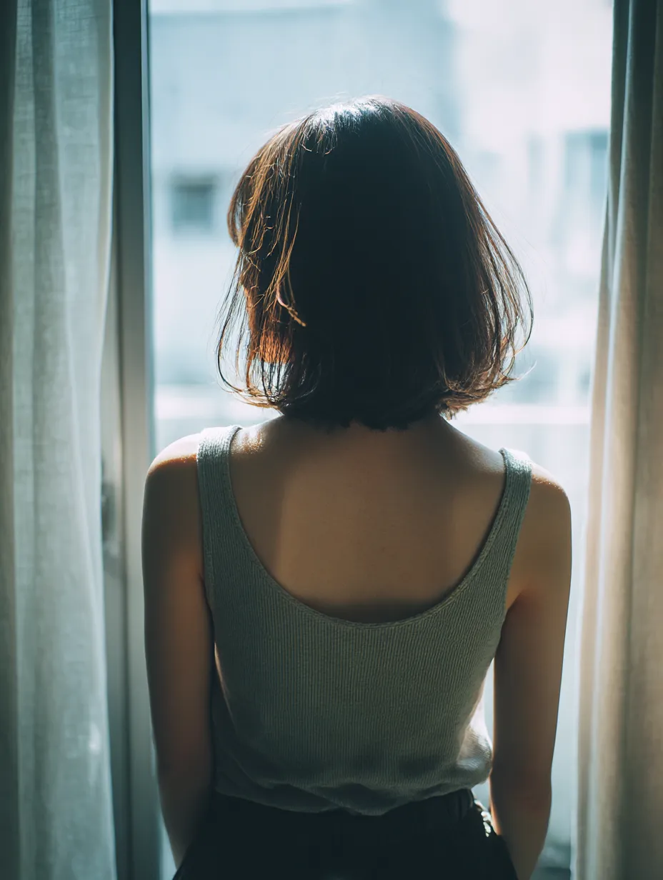 窓辺に立つタンクトップの後ろ姿の女性の画像｜室内のやわらかい自然光が差し込む窓辺に立つタンクトップ姿の後ろ姿の女性の画像。日常の静けさとナチュラルな雰囲気が繊細に表現された親密な印象のワンシーン。