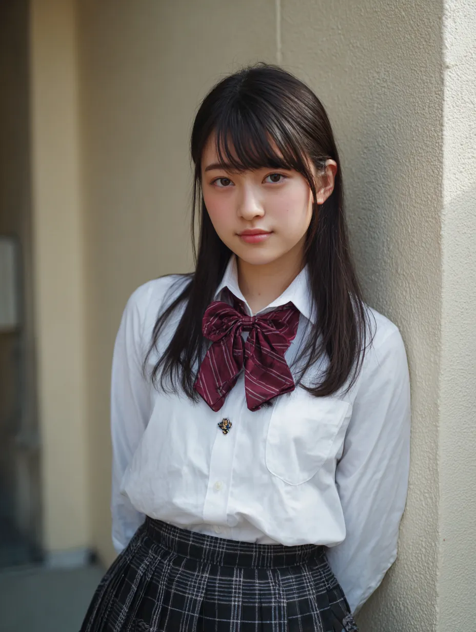 赤リボンが映える女子高生｜壁に寄りかかる女子高生が大きな赤のリボンで印象を残す構図。シャツとスカートのモノトーン調が、制服スタイルとしての「女子高生」の王道感を際立たせている。