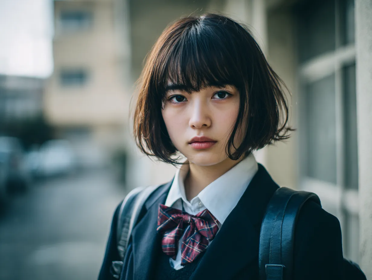校舎前で見つめる女子高生｜短めのボブカットとチェック柄のリボンが個性を放つ女子高生。背景の校舎がどこか懐かしさを誘い、日常の中に生きる「女子高生」のリアリティを感じさせる。