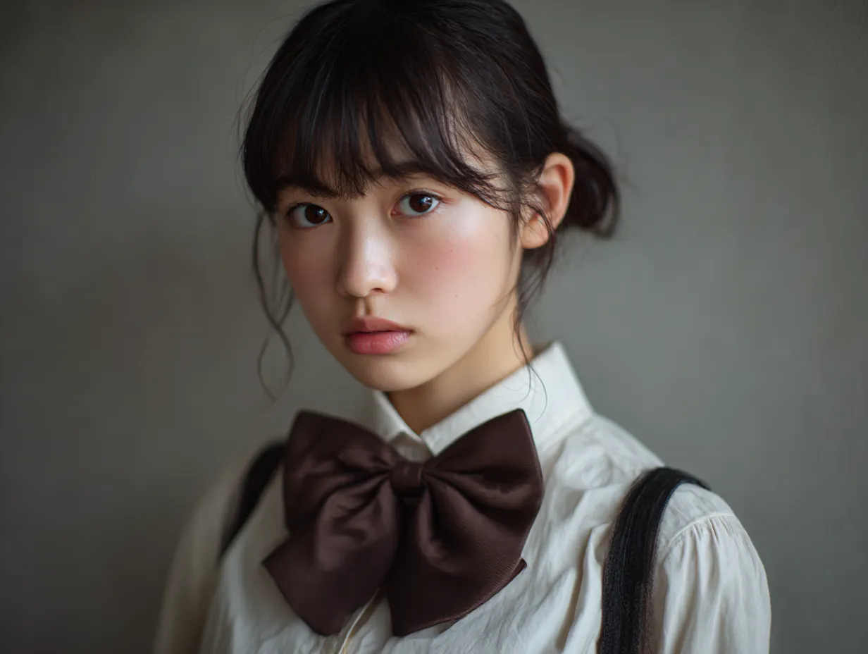 ナチュラル光に包まれる女子高生｜ふんわりとしたブラウスと大きなリボンが特徴的な女子高生。自然光に照らされた肌の質感や髪の柔らかさが丁寧に表現され、「女子高生」のやわらかな気配を演出している。
