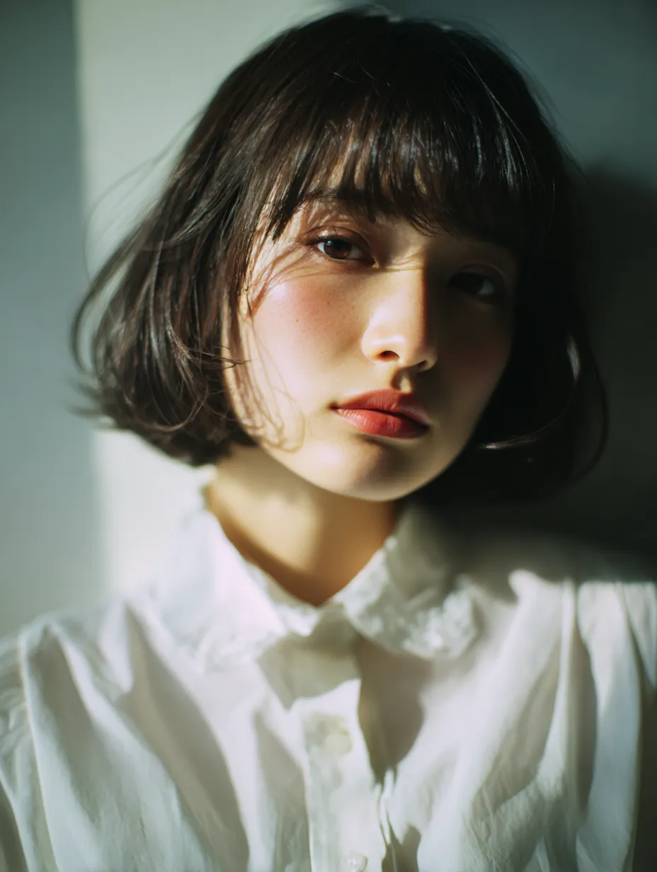 光と影で引き立つメイク女子｜横から差す強い光と影が顔立ちに陰影を与え、繊細な肌の質感や唇の発色が際立つ構図。ナチュラルでいて印象的なメイクが、静謐な空気をまとった女性像を美しく引き立てる。