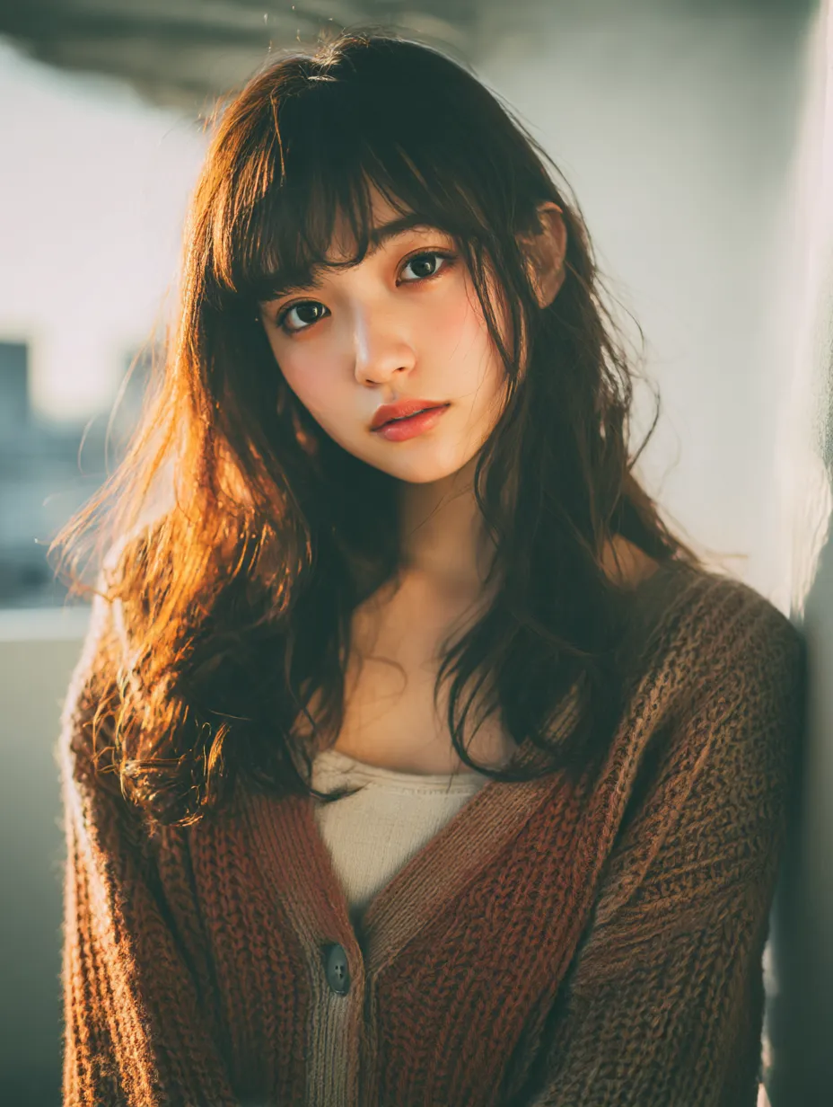 夕陽に映えるメイク女子｜夕暮れのやわらかな光に照らされる髪と肌が温かさを感じさせる。ほんのり色づいたチークとリップが調和し、光の中で優しく存在感を放つメイクのニュアンスが魅力的。