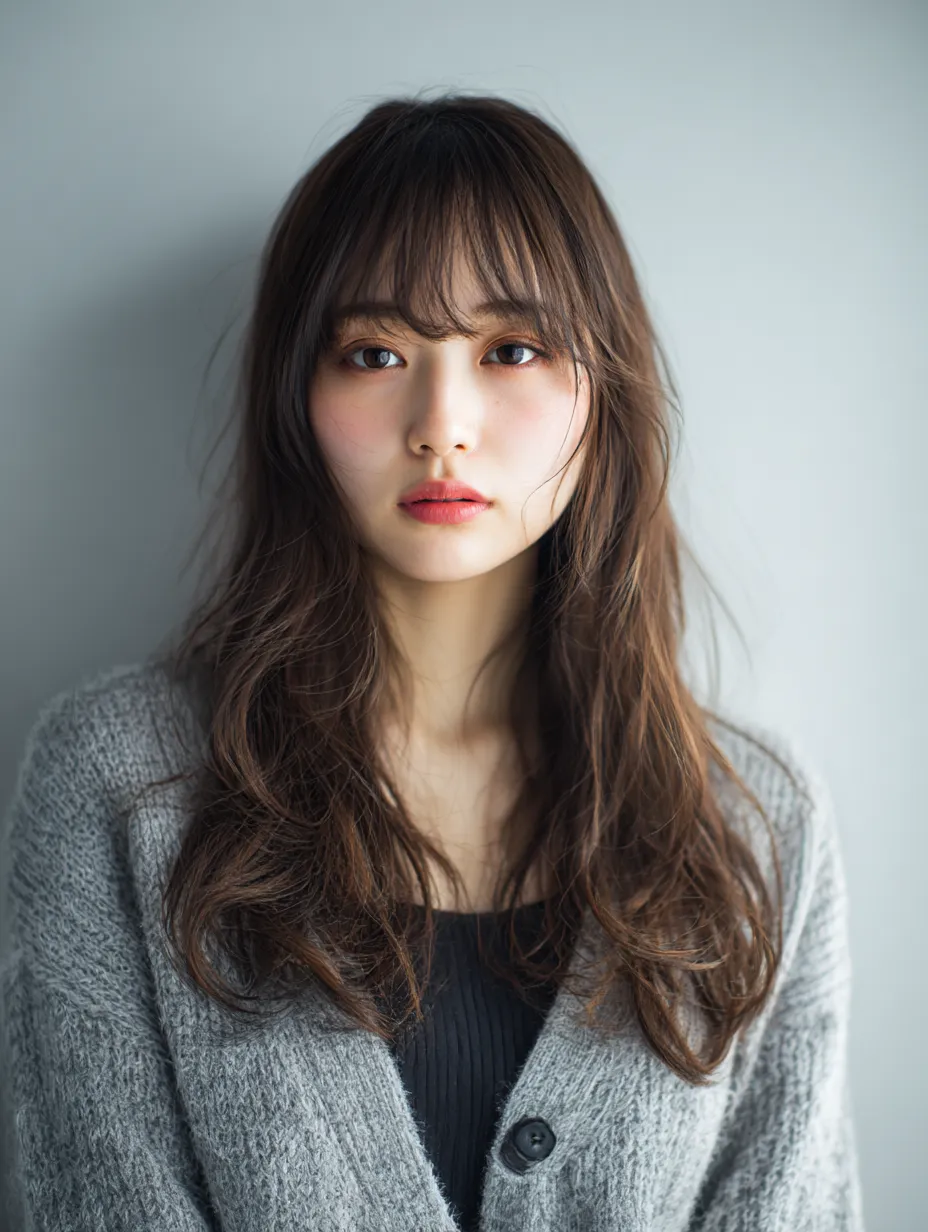 自然光に溶け込むメイク女子｜やわらかい光に包まれた中で、グレーの背景と毛流れが調和し、軽やかな質感が印象的。肌の透明感と控えめなメイクが活かされ、ナチュラルな表情に説得力がある。