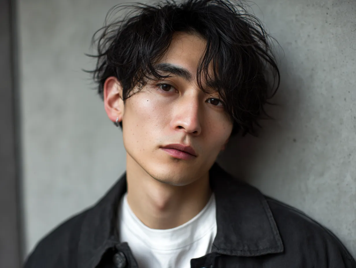 クールな眼差しのイケメン画像|無造作なヘアスタイルとやや憂いを帯びた表情が印象的なイケメン画像。コンクリート壁の質感とモノトーン調のファッションが、静かで都会的な雰囲気を醸し出しています。