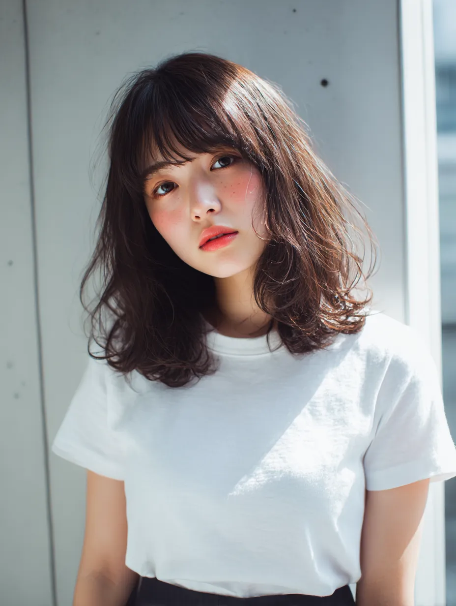 都会の光で輝くメイク女子｜日差しを受けて浮かび上がるハイライトとチークの柔らかなグラデーション。背景の街並みに溶け込むような洗練された表情が、都会的なメイクの完成度を高めている。