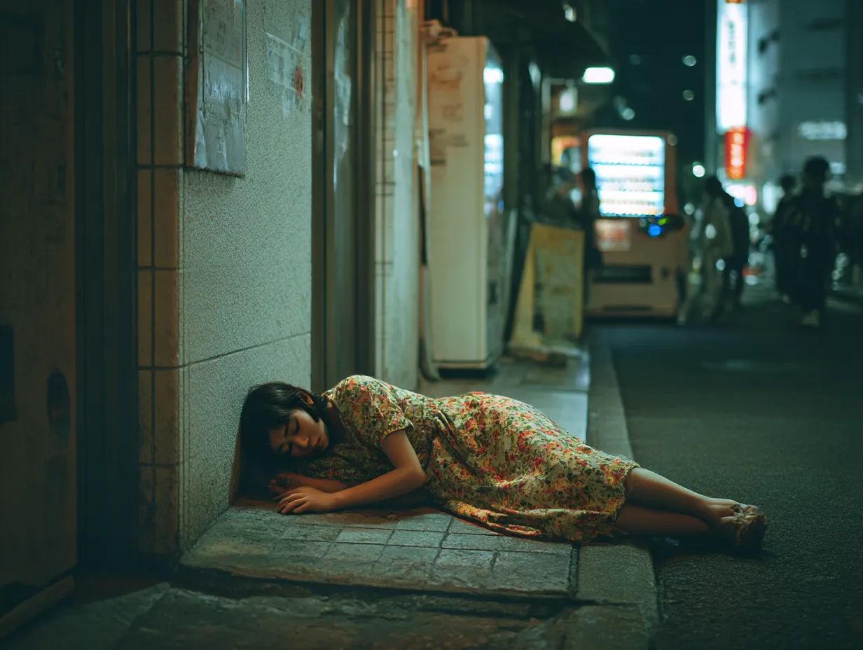 街角に眠る路上寝女性｜夜の街灯に照らされながら、歩道に身を預ける姿が孤独と静けさを演出。路上寝女性というテーマを通して、都市の片隅の感情を繊細に表現したリアルテイスト。