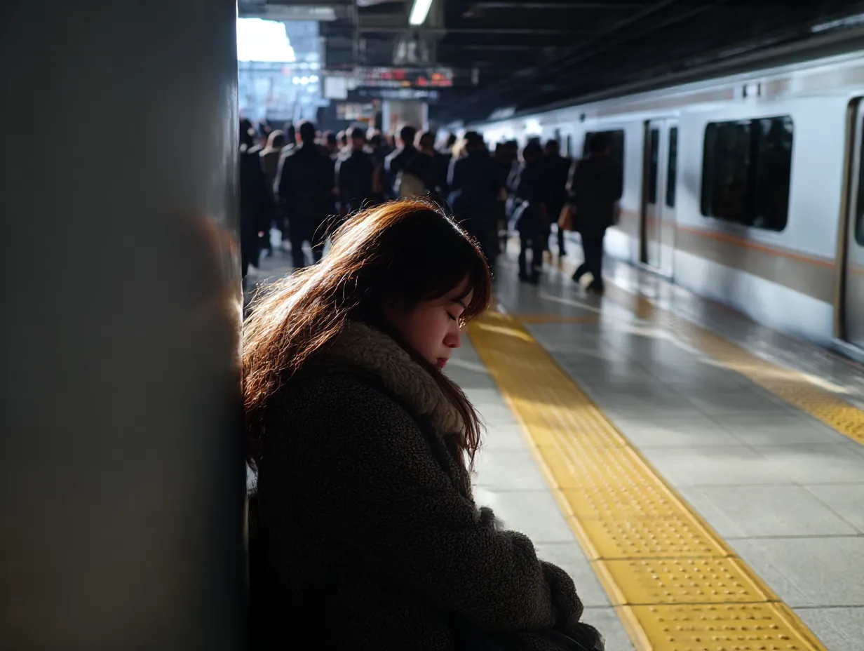 通勤ラッシュを背にした路上寝女性｜にぎわう駅構内の片隅で静かに佇む姿が、路上寝女性という孤立感を際立たせる。逆光の柔らかなライティングが心情を奥深く描き出している。