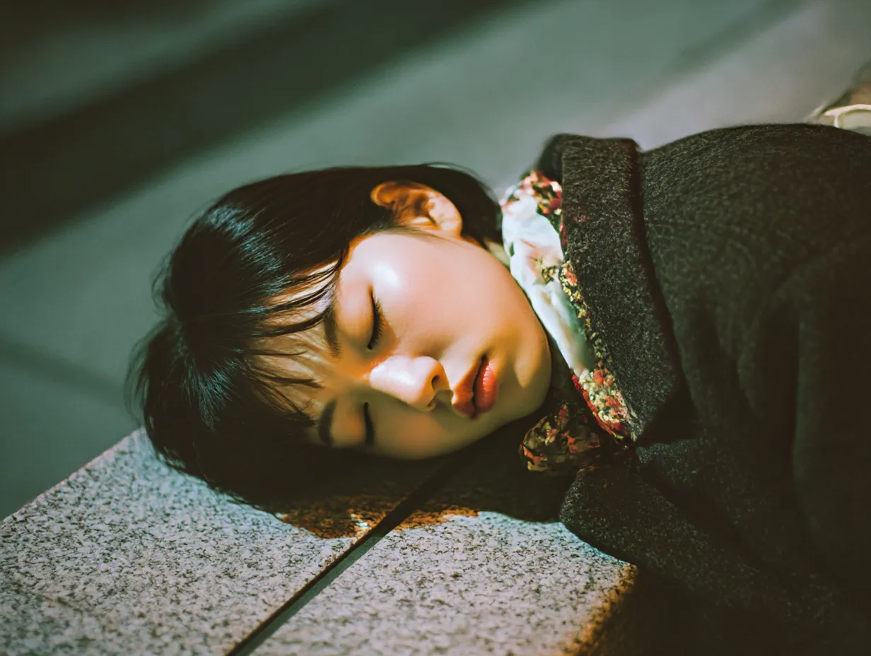 夜のベンチで眠る路上寝女性｜街灯に照らされた石のベンチでまどろむ女性を柔らかな光と質感で描写。路上寝女性のテーマをロマンティックに昇華した構図で、静けさが包む。