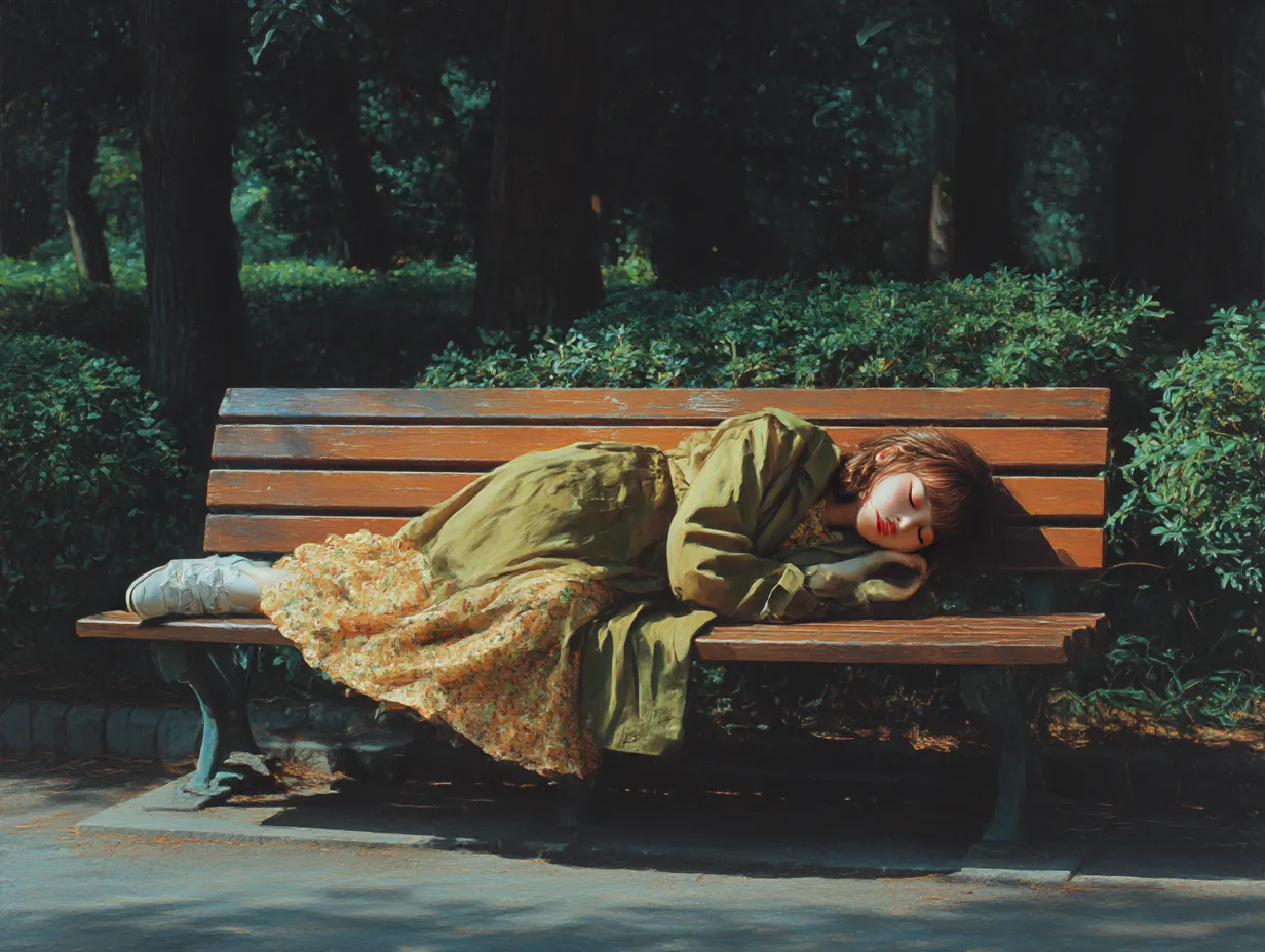 公園の木陰で眠る路上寝女性｜自然光の中でベンチに横たわる姿を丁寧に描き、柔らかさと温かみを持たせた作風。路上寝女性がテーマながらも、安心感とやさしさが漂う雰囲気に仕上げている。