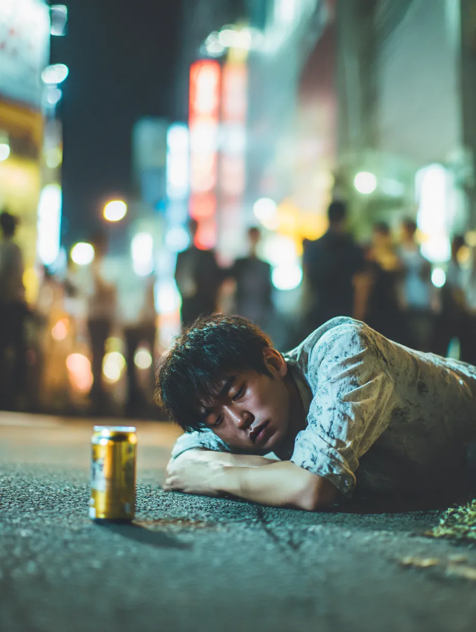 路上に寝転ぶ酔っ払い男性｜夜の繁華街のアスファルトに横たわる男性の姿が、現代的な孤独と疲労感を強調。酔っ払いの情景をドラマティックに捉えた印象的なシーン。