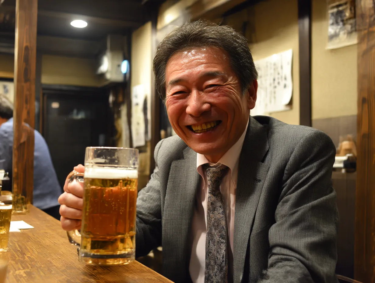 笑顔の酔っ払い中年男性｜居酒屋の木のテーブル越しにビールジョッキを掲げる姿が、酔っ払いの陽気で人懐っこい雰囲気をそのままに表現した温かなスナップ。