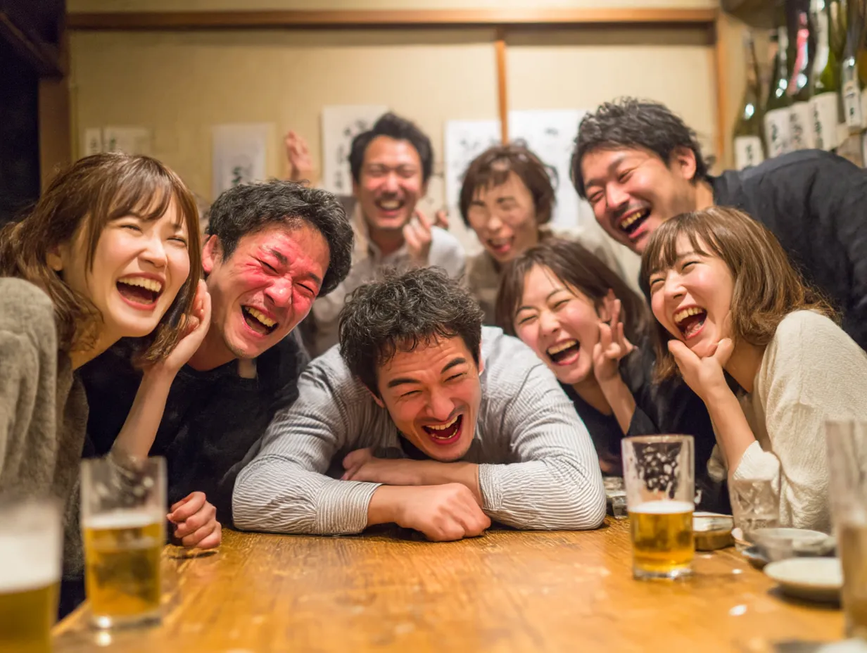 大笑いする酔っ払いの仲間たち｜居酒屋で大人数が笑い合うにぎやかな光景が、酔っ払いの集団特有の高揚感と一体感を生き生きと描き出している。