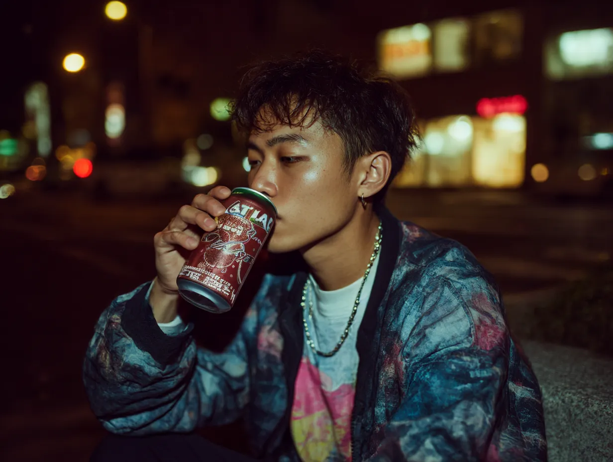 缶を飲む夜の酔っ払い青年｜ストリートファッションをまとった若者が、夜道で缶を傾ける瞬間をクールに描写。酔っ払いの中でも都会的でスタイリッシュな印象を演出。