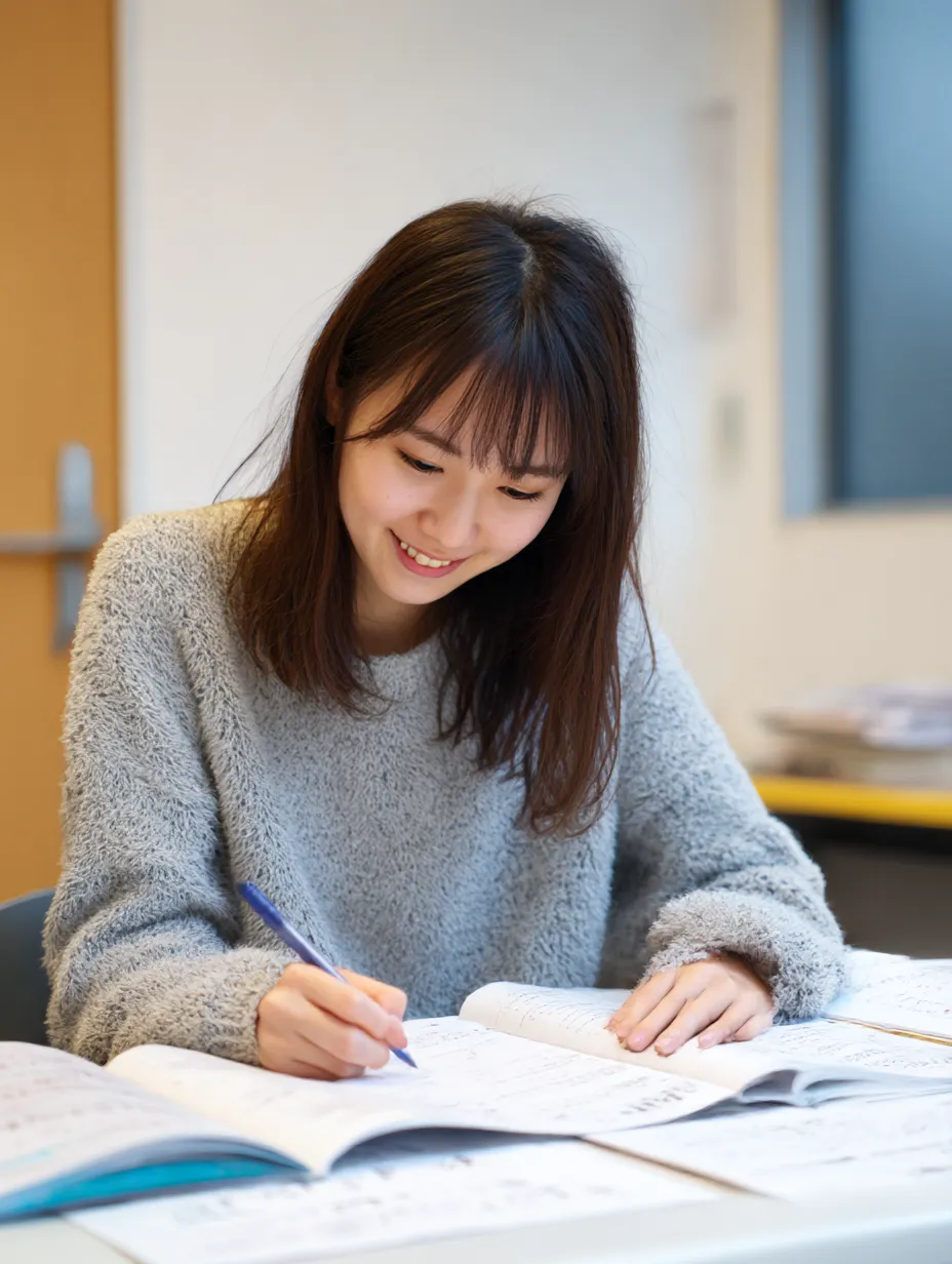 参考書を開く塾女の横顔｜教室で丁寧にページをめくる姿が印象的。明るい表情とソフトな配色が、塾女というテーマに知的さと親しみやすさを添えている。