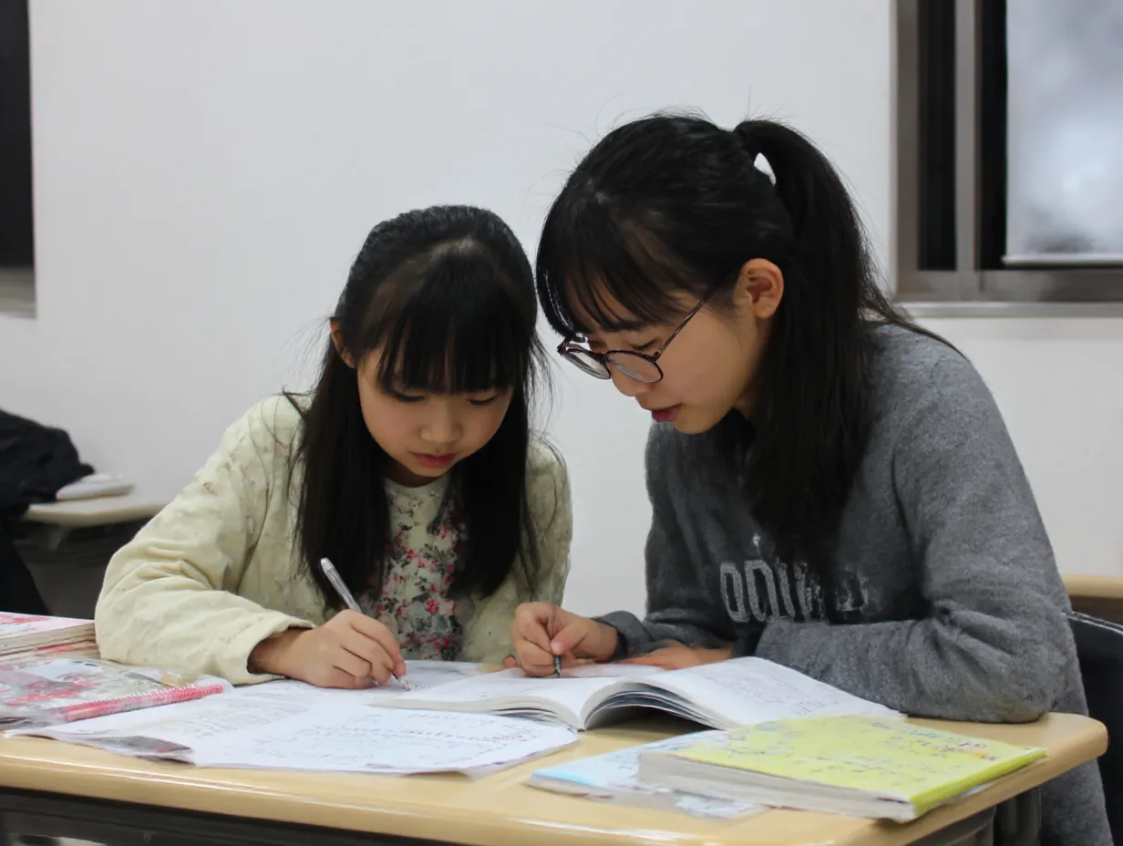笑顔で勉強する塾女の昼下がり｜ペンを動かしながら自然な笑みを浮かべる雰囲気が、塾女らしい集中力と明るさを同時に感じさせる、日常感あふれる構図。