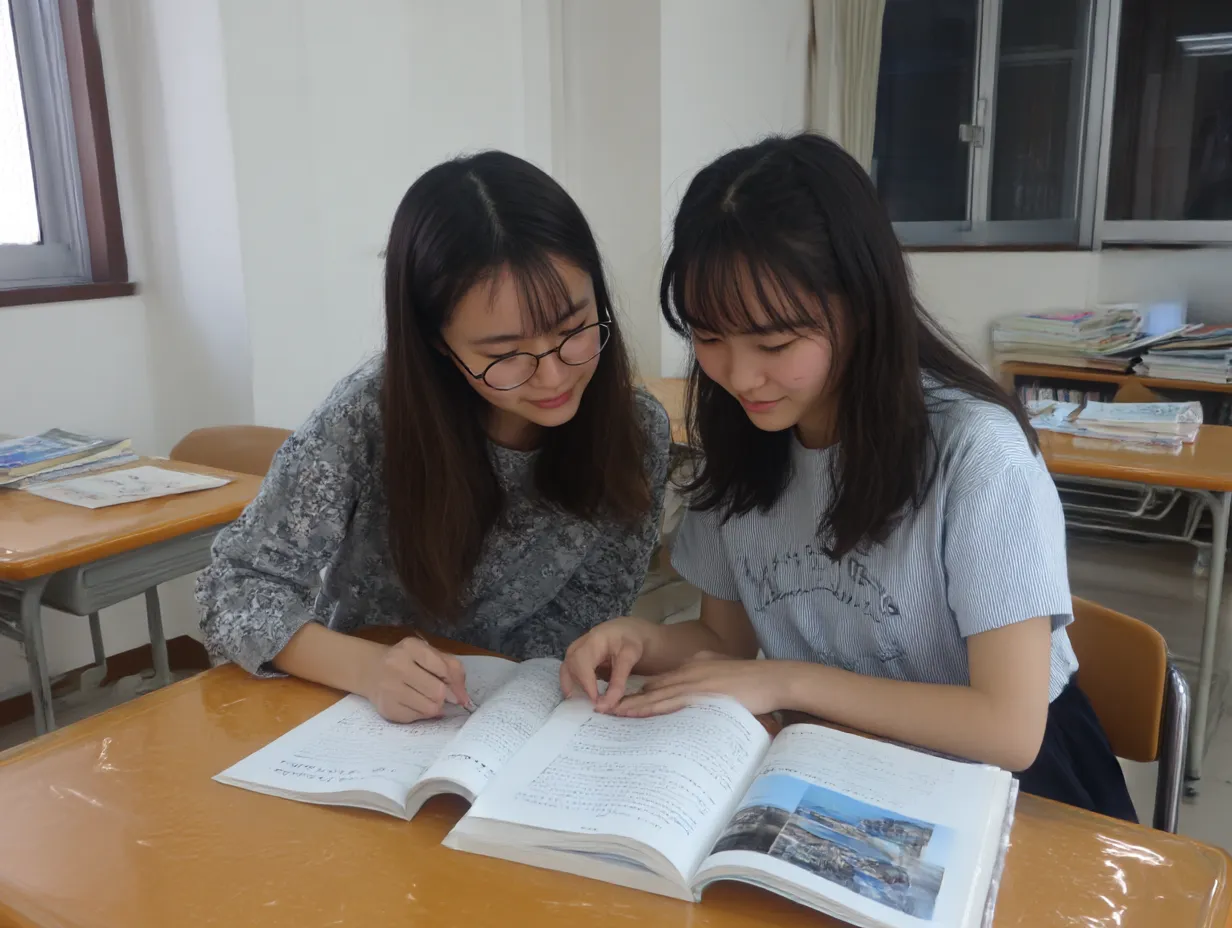 妹に教える優しい塾女｜年下の子と寄り添って学ぶ姿に、塾女という存在の頼もしさと面倒見の良さがにじむ。静かな教室の一角を切り取った温もりある描写。